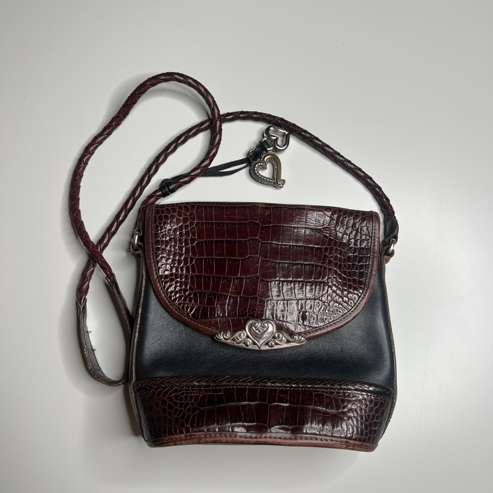 Brighton Croc-Embossed Leather Shoulder Bag Black & Burgundy W/ Heart Charms